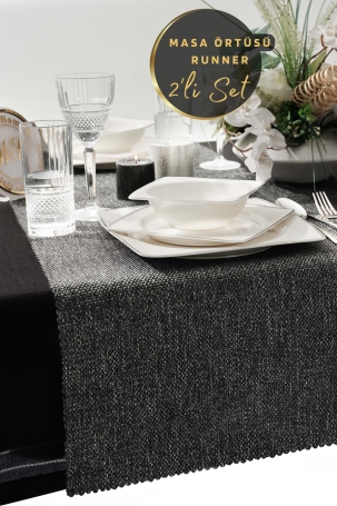 West Home Anthracite Premium Linen Runner and Tablecloth Double Set (1,5' × 6' - 5' × 7,2') - 1