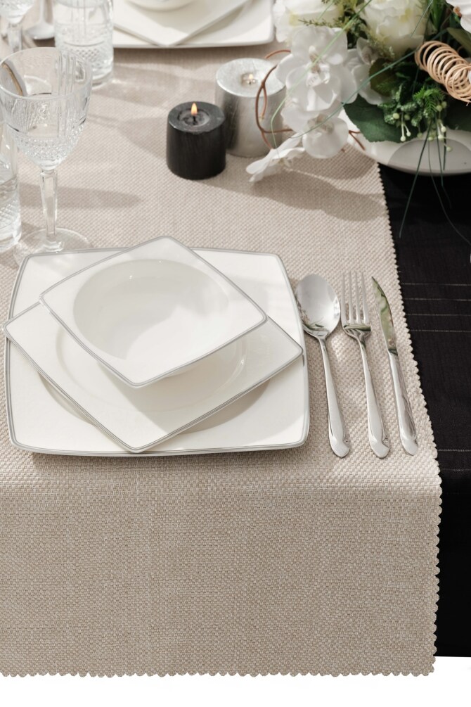 West Home Beige Premium Linen Runner and Tablecloth Double Set (1,5' × 6' - 5' × 7,2') - 2