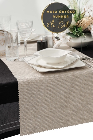 West Home Beige Premium Linen Runner and Tablecloth Double Set (1,5' × 6' - 5' × 7,2') - 1