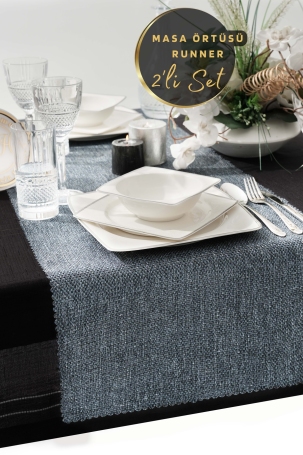 West Home Blue Premium Linen Runner and Tablecloth Double Set (1,5' × 6' - 5' × 7,2') 