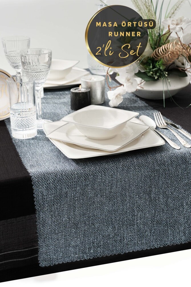 West Home Blue Premium Linen Runner and Tablecloth Double Set (1,5' × 6' - 5' × 7,2') - 1