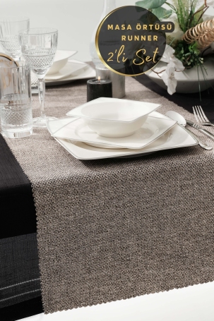 West Home Brown Premium Linen Runner and Tablecloth Double Set (1,5' × 6' - 5' × 7,2') 