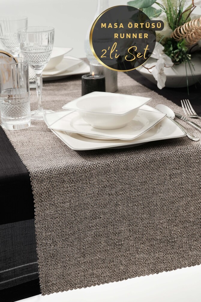 West Home Brown Premium Linen Runner and Tablecloth Double Set (1,5' × 6' - 5' × 7,2') - 1