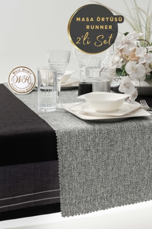 West Home Grey Premium Linen Runner and Tablecloth Double Set (1,5' × 6' - 5' × 7,2') - 1