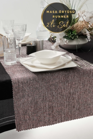 West Home Grey-Red Premium Linen Runner and Tablecloth Double Set (1,5' × 6' - 5' × 7,2') 