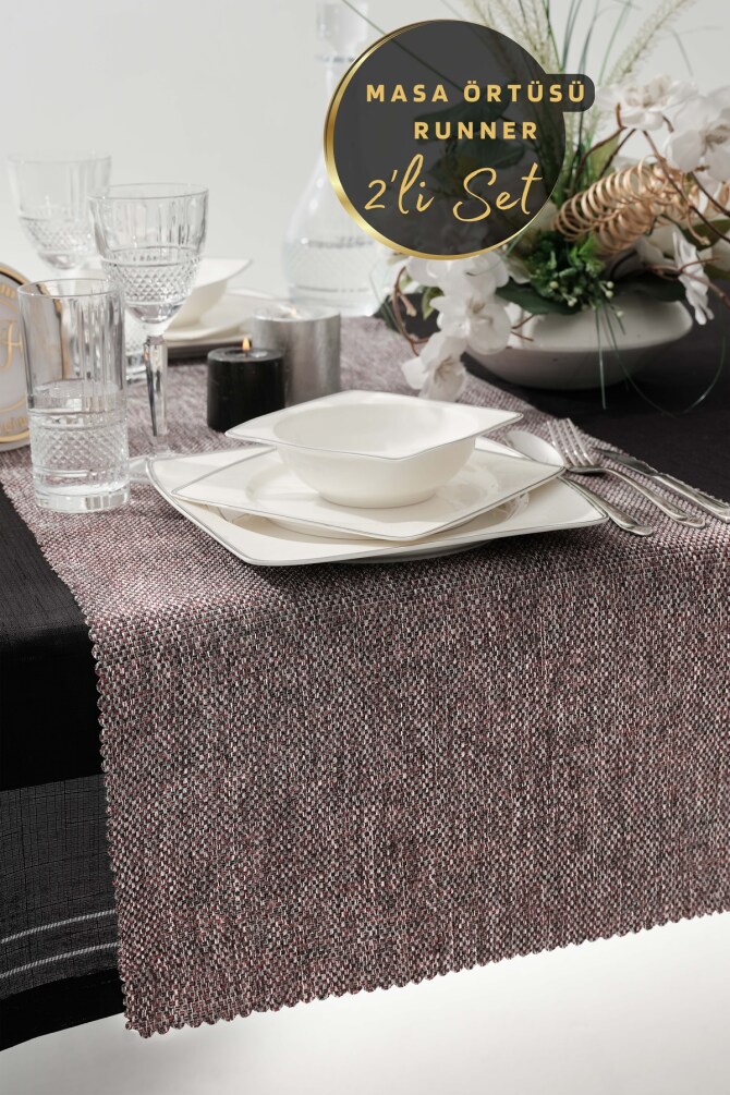 West Home Grey-Red Premium Linen Runner and Tablecloth Double Set (1,5' × 6' - 5' × 7,2') - 1