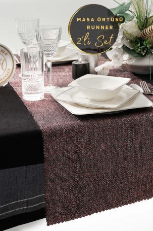 West Home Red Premium Linen Runner and Tablecloth Double Set (1,5' × 6' - 5' × 7,2') 