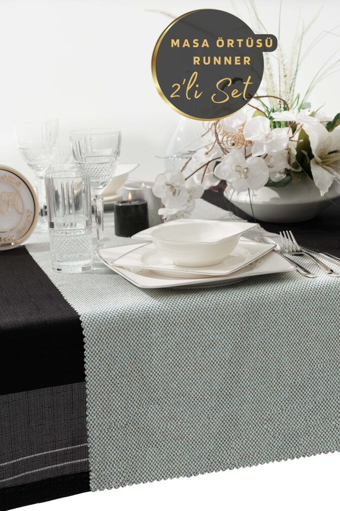 West Home Turquoise Premium Linen Runner and Tablecloth Double Set (1,5' × 6' - 5' × 7,2') - 1