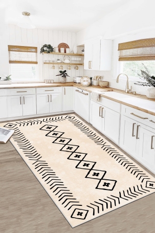 West Home WH375 Beige Scandinavian Machine Washable, Non-Slip Base, Stain Resistant, Antiallergic and Antibacterial, Rectangular Kitchen Rug - 1