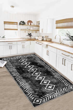 West Home WH375 Black Scandinavian Machine Washable, Non-Slip Base, Stain Resistant, Antiallergic and Antibacterial, Rectangular Kitchen Rug - 1