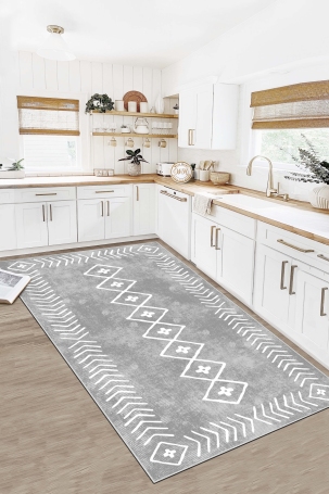 West Home WH375 Grey Scandinavian Machine Washable, Non-Slip Base, Stain Resistant, Antiallergic and Antibacterial, Rectangular Kitchen Rug 