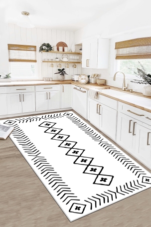 West Home WH375 White Scandinavian Machine Washable, Non-Slip Base, Stain Resistant, Antiallergic and Antibacterial, Rectangular Kitchen Rug - 1