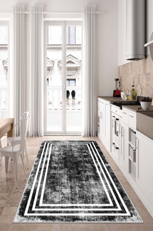 West Home WH413 Black Modern Machine Washable, Non-Slip Base, Stain Resistant, Antiallergic and Antibacterial, Rectangular Kitchen Rug 