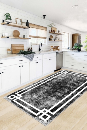 West Home WH422 Black Modern Machine Washable, Non-Slip Base, Stain Resistant, Antiallergic and Antibacterial, Rectangular Kitchen Rug 