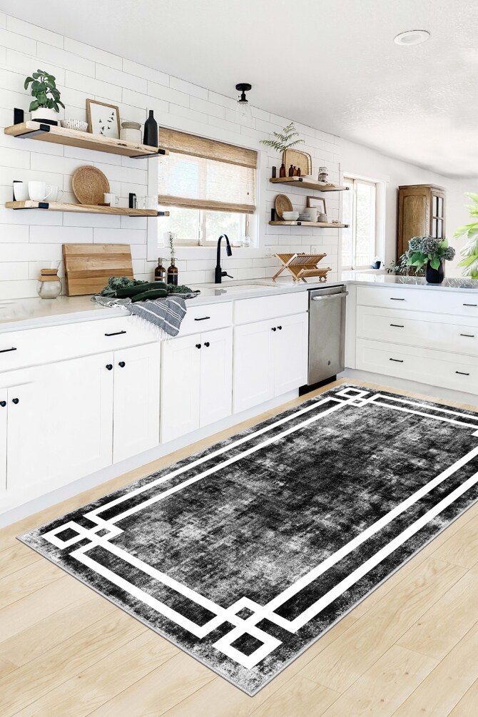 West Home WH422 Black Modern Machine Washable, Non-Slip Base, Stain Resistant, Antiallergic and Antibacterial, Rectangular Kitchen Rug - 1