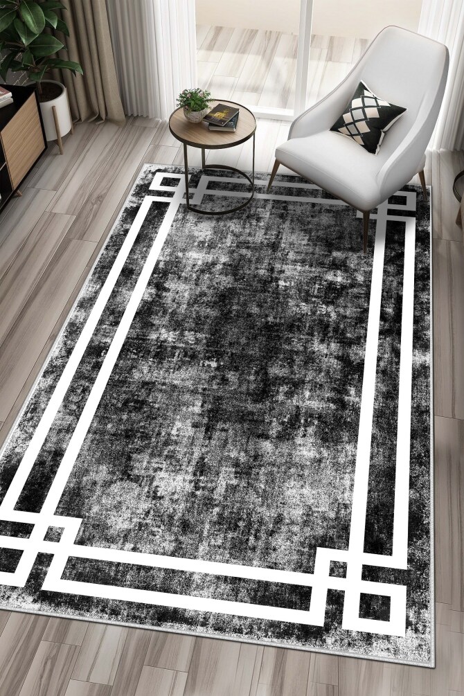 West Home WH422 Black Modern Machine Washable, Non-Slip Base, Stain Resistant, Antiallergic and Antibacterial, Rectangular Living Room Rug - 1