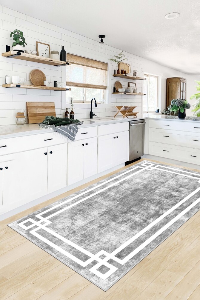 West Home WH422 Grey Modern Machine Washable, Non-Slip Base, Stain Resistant, Antiallergic and Antibacterial, Rectangular Kitchen Rug - 1