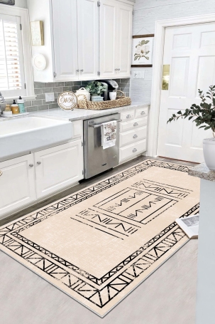 West Home WH435 Beige Scandinavian Machine Washable, Non-Slip Base, Stain Resistant, Antiallergic and Antibacterial, Rectangular Kitchen Rug 