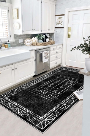 West Home WH435 Black Scandinavian Machine Washable, Non-Slip Base, Stain Resistant, Antiallergic and Antibacterial, Rectangular Kitchen Rug 