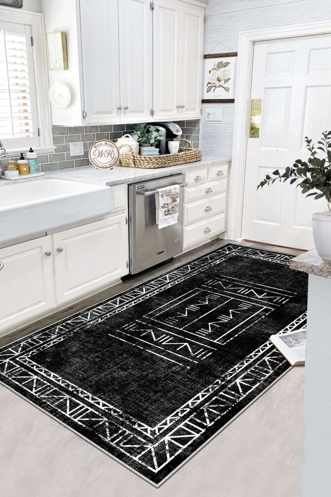 West Home WH435 Black Scandinavian Machine Washable, Non-Slip Base, Stain Resistant, Antiallergic and Antibacterial, Rectangular Kitchen Rug - 1