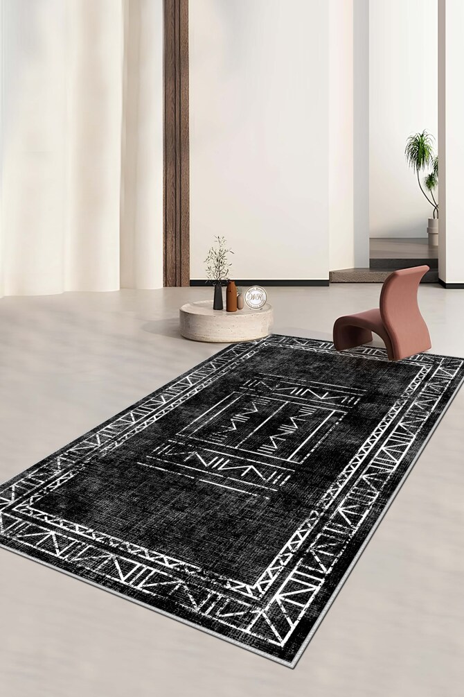 West Home WH435 Black Scandinavian Machine Washable, Non-Slip Base, Stain Resistant, Antiallergic and Antibacterial, Rectangular Living Room Rug - 1