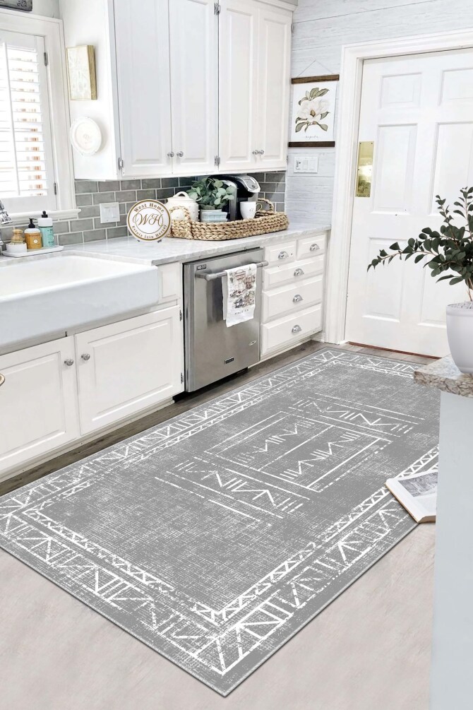 West Home WH435 Grey Scandinavian Machine Washable, Non-Slip Base, Stain Resistant, Antiallergic and Antibacterial, Rectangular Kitchen Rug - 1