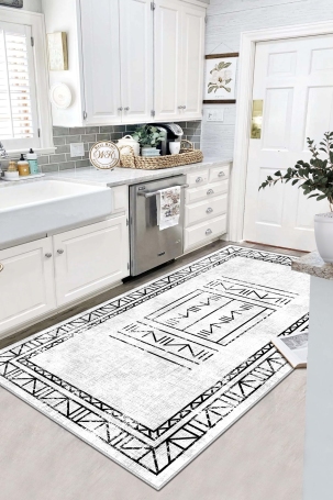 West Home WH435 White Scandinavian Machine Washable, Non-Slip Base, Stain Resistant, Antiallergic and Antibacterial, Rectangular Kitchen Rug 