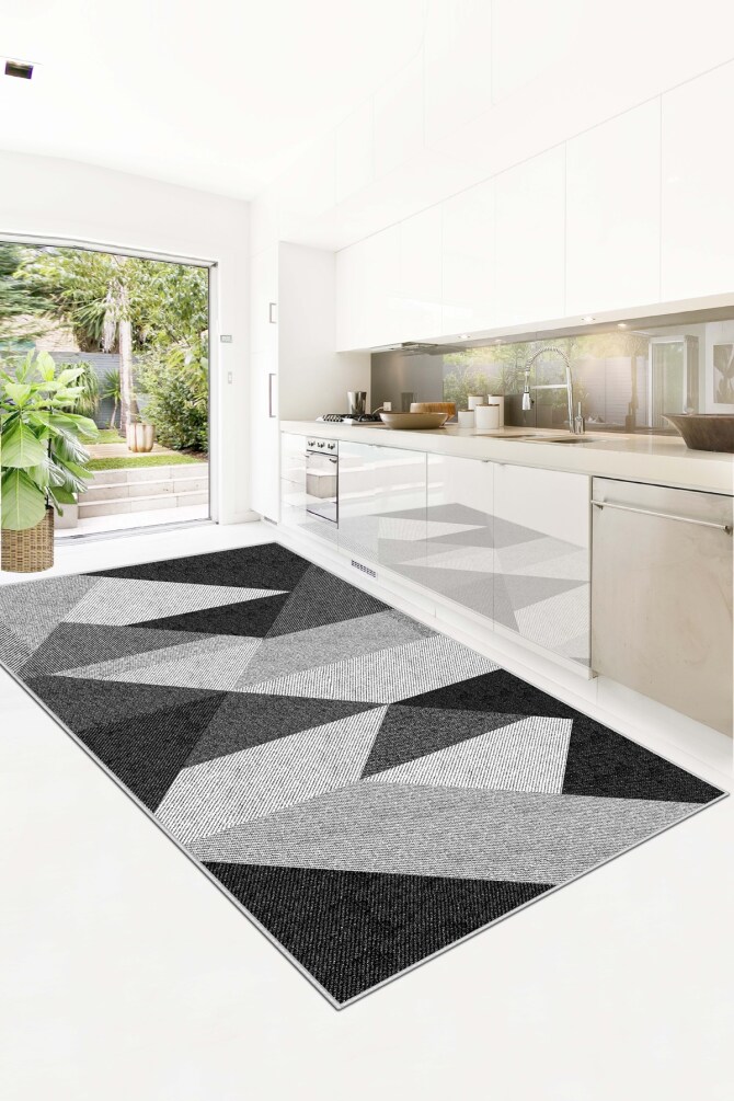 West Home WH443 Black Geometric Machine Washable, Non-Slip Base, Stain Resistant, Antiallergic and Antibacterial, Rectangular Kitchen Rug - 1