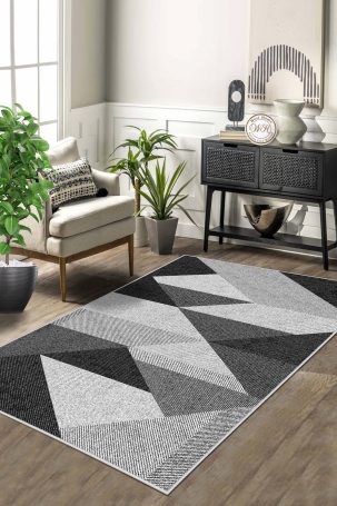 West Home WH443 Black Geometric Machine Washable, Non-Slip Base, Stain Resistant, Antiallergic and Antibacterial, Rectangular Living Room Rug - 1