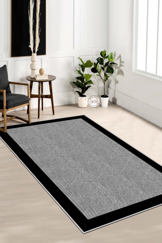 West Home WH445 Grey Bordered Machine Washable, Non-Slip Base, Stain Resistant, Antiallergic and Antibacterial, Rectangular Living Room Rug - 1