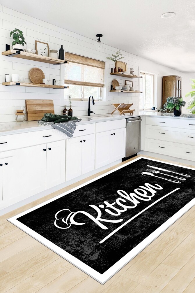 West Home WH448 Black Modern Machine Washable, Non-Slip Base, Stain Resistant, Antiallergic and Antibacterial, Rectangular Kitchen Rug - 1