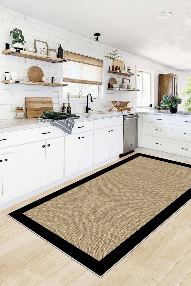 West Home WH455 Black Bordered Machine Washable, Non-Slip Base, Stain Resistant, Antiallergic and Antibacterial, Rectangular Kitchen Rug - 1