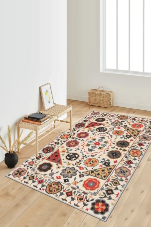 West Home WH467 Multy Motif Machine Washable, Non-Slip Base, Stain Resistant, Antiallergic and Antibacterial, Rectangular Kitchen Rug - 1