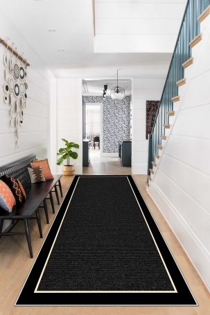 West Home WH478 Black Bordered Machine Washable, Non-Slip Base, Stain Resistant, Antiallergic and Antibacterial, Rectangular Cut Runner 