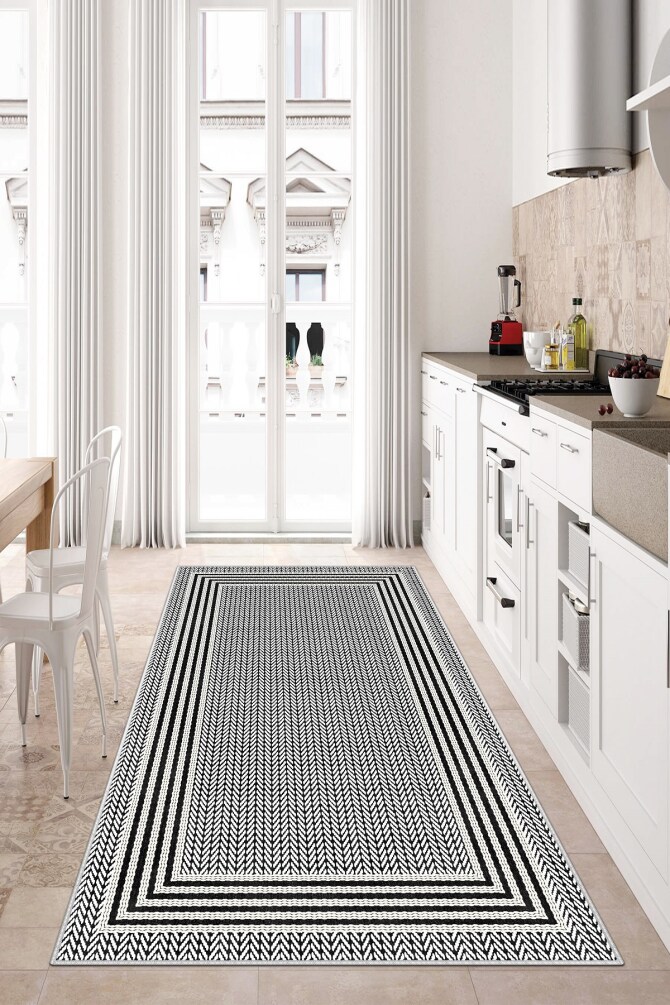 West Home WH479 White Bordered Machine Washable, Non-Slip Base, Stain Resistant, Antiallergic and Antibacterial, Rectangular Kitchen Rug - 1