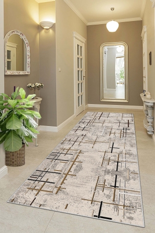 West Home WH488 Beige Striped Machine Washable, Non-Slip Base, Stain Resistant, Antiallergic and Antibacterial, Rectangular Cut Runner 