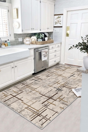 West Home WH488 Beige Striped Machine Washable, Non-Slip Base, Stain Resistant, Antiallergic and Antibacterial, Rectangular Kitchen Rug - 1