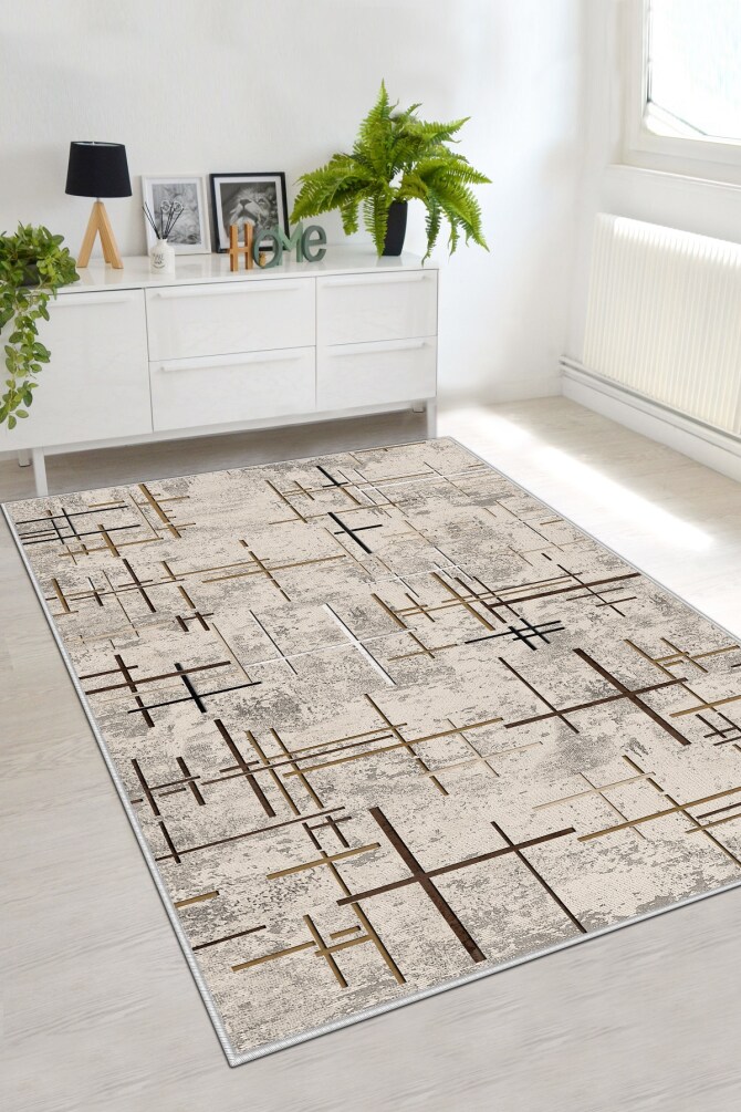 West Home WH488 Beige Striped Machine Washable, Non-Slip Base, Stain Resistant, Antiallergic and Antibacterial, Rectangular Living Room Rug - 1