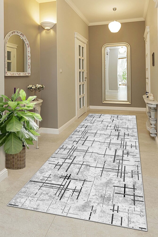 West Home WH488 Grey Striped Machine Washable, Non-Slip Base, Stain Resistant, Antiallergic and Antibacterial, Rectangular Cut Runner - 1