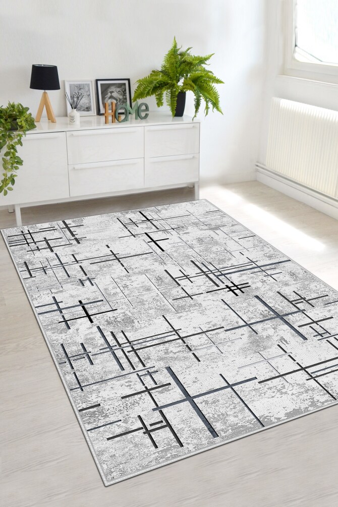 West Home WH488 Grey Striped Machine Washable, Non-Slip Base, Stain Resistant, Antiallergic and Antibacterial, Rectangular Living Room Rug - 1