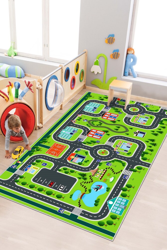 West Home WH503 Green Road Patterned Machine Washable, Non-Slip, Stain Resistant, Antiallergic and Antibacterial, Rectangular Children's Play Rug - 1