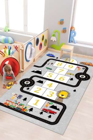 West Home WH504 Grey Hopscotch and Road Pattern Machine Washable, Non-Slip Base, Stain Resistant, Antiallergic and Antibacterial, Rectangular Children's Play Rug - 1