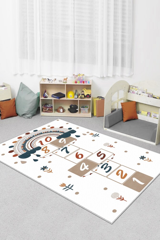 West Home WH508 White Hopscotch Patterned Machine Washable, Non-Slip Base, Stain Resistant, Antiallergic and Antibacterial, Rectangular Children's Play Rug - 1