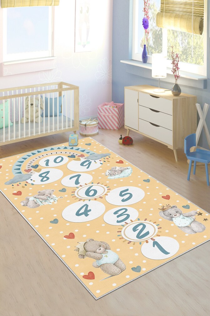 West Home WH509 Beige Hopscotch Patterned Machine Washable, Non-Slip, Stain Resistant, Antiallergic and Antibacterial, Rectangular Children's Play Rug - 1