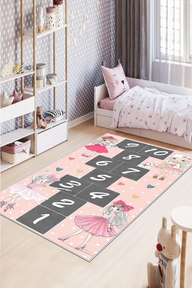 West Home WH510 Rose Hopscotch Patterned Machine Washable, Non-Slip, Stain Resistant, Antiallergic and Antibacterial, Rectangular Children's Play Rug - 1