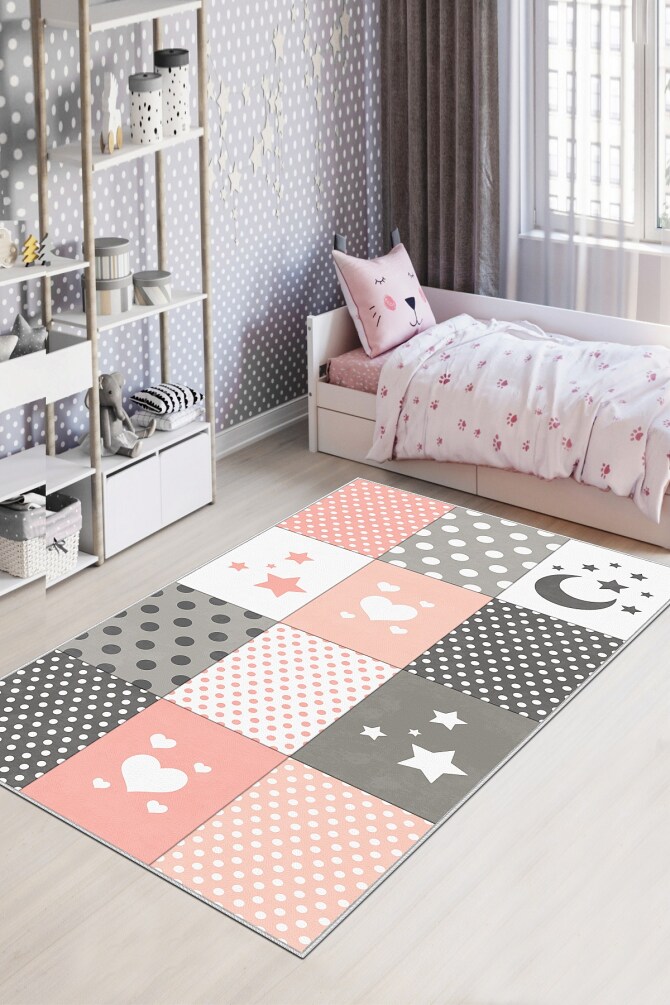 West Home WH513 Rose Polka Dot Starred Machine Washable, Non-Slip, Stain Resistant, Antiallergic and Antibacterial, Rectangular Children's Play Rug - 1