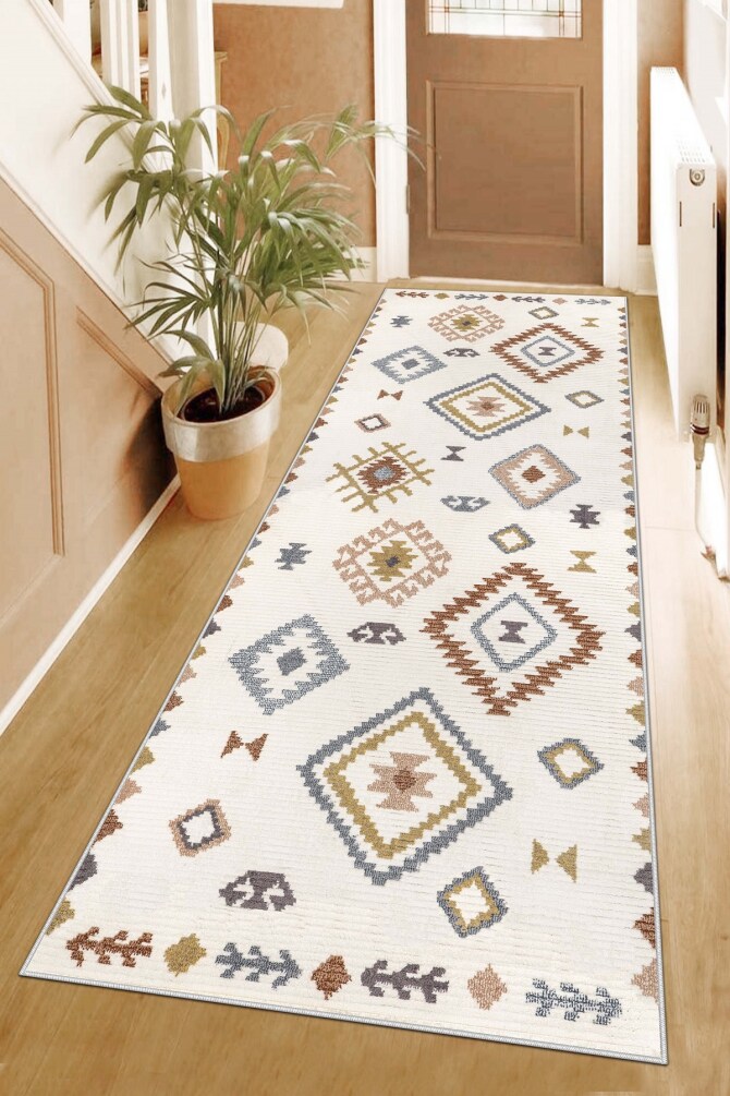 West Home WH541 Beige Motif Machine Washable, Non-Slip Base, Stain Resistant, Antiallergic and Antibacterial, Rectangular Cut Runner - 1