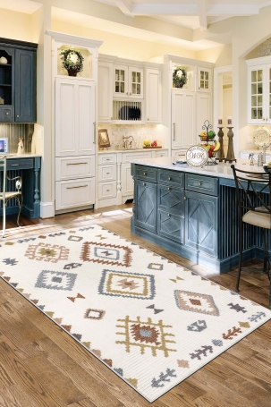 West Home WH541 Beige Motif Machine Washable, Non-Slip Base, Stain Resistant, Antiallergic and Antibacterial, Rectangular Kitchen Rug - 1