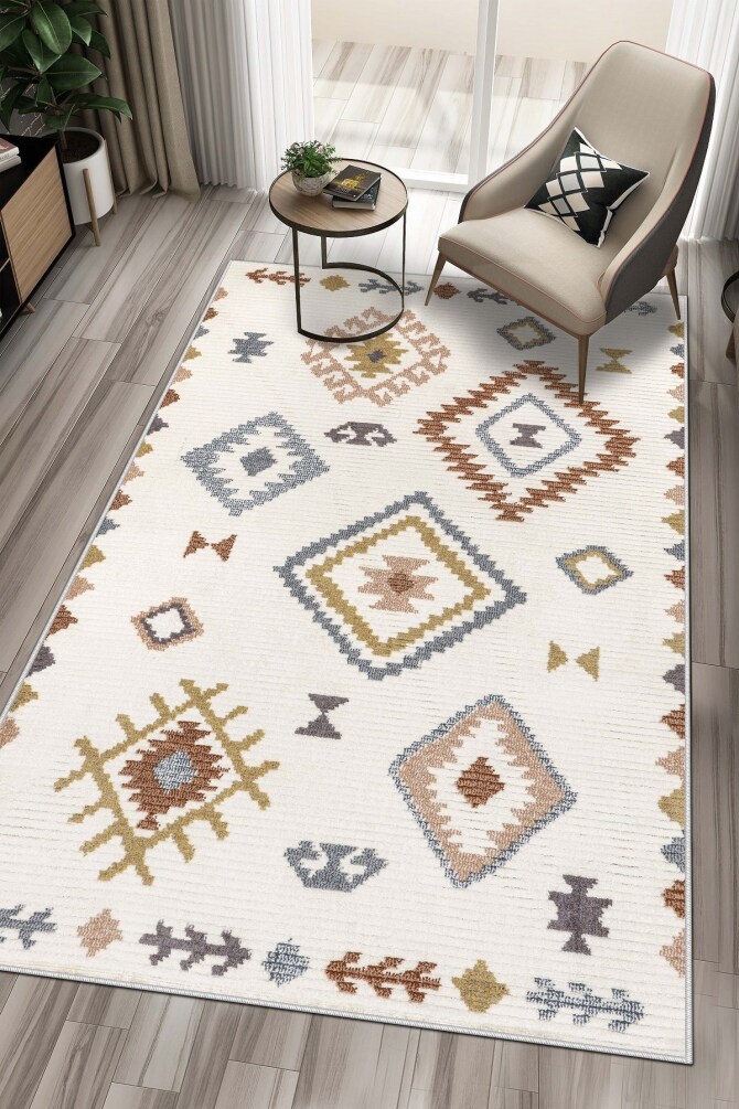 West Home WH541 Beige Motif Machine Washable, Non-Slip Base, Stain Resistant, Antiallergic and Antibacterial, Rectangular Living Room Rug - 1