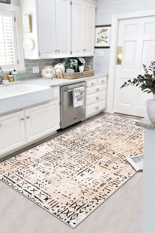 West Home WH548 Beige Scandinavian Machine Washable, Non-Slip Base, Stain Resistant, Antiallergic and Antibacterial, Rectangular Kitchen Rug 